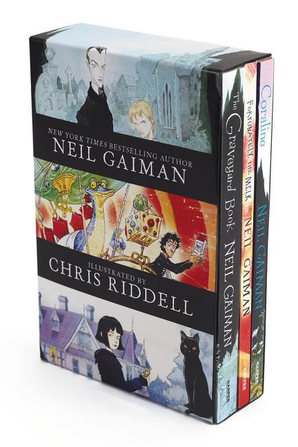 Book cover for Neil Gaiman/Chris Riddell 3-Book Box Set: Coraline; The Graveyard Book; Fortunately, the Milk