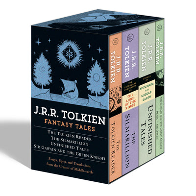 Book cover for Tolkien Fantasy Tales Box Set (the Tolkien Reader, the Silmarillion, Unfinished Tales, Sir Gawain and the Green Knight): Essays, Epics, and Translatio