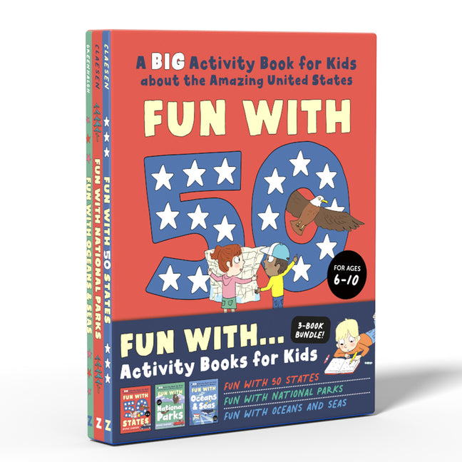 Book cover for Fun Activity Books for Kids Box Set: 3 Activity Books to Learn about 50 Us States, National Parks, and Oceans and Seas (Perfect Gift for Kids Ages 6-1