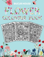 Book cover for Flowers: Adult Coloring Book with beautiful realistic flowers, bouquets, floral designs, roses, leaves, butterfly, sunflowers, spring, and summer