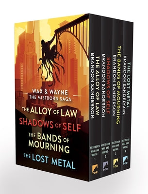 Book cover for Wax and Wayne, the Mistborn Saga Boxed Set: Alloy of Law, Shadows of Self, Bands of Mourning, and the Lost Metal