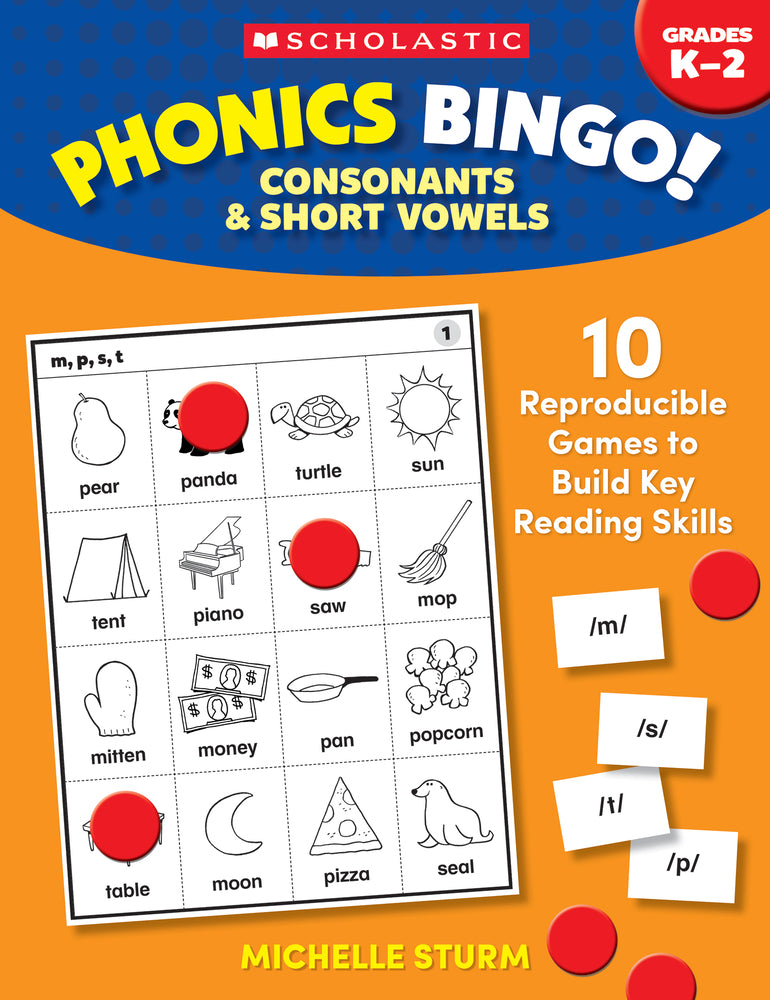 Book cover for Phonics Bingo: Consonants & Short Vowels: 10 Reproducible Games to Build Key Reading Skills
