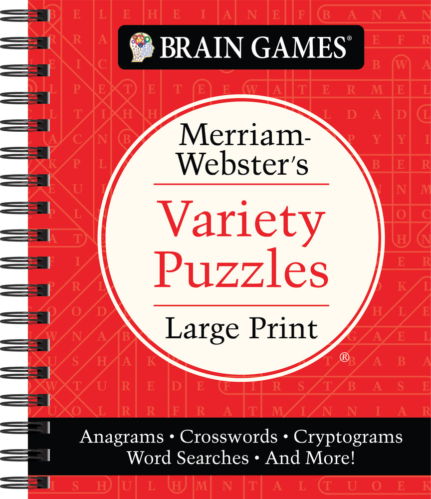 Book cover for Brain Games - Merriam-Webster's Variety Puzzles Large Print: Anagrams, Crosswords, Cryptograms, Word Searches, and More!