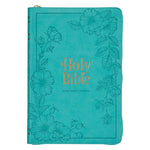 Book cover for KJV Holy Bible, Thinline Large Print Faux Leather Red Letter Edition - Thumb Index & Ribbon Marker, King James Version, Teal, Zipper Closure