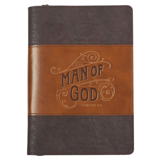 Book cover for Journal Classic Zip Brown Two-Tone Man of God 1 Tim. 6:11