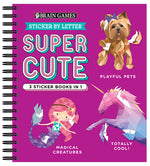 Book cover for Brain Games - Sticker by Letter: Super Cute - 3 Sticker Books in 1 (30 Images to Sticker: Playful Pets, Totally Cool!, Magical Creatures)