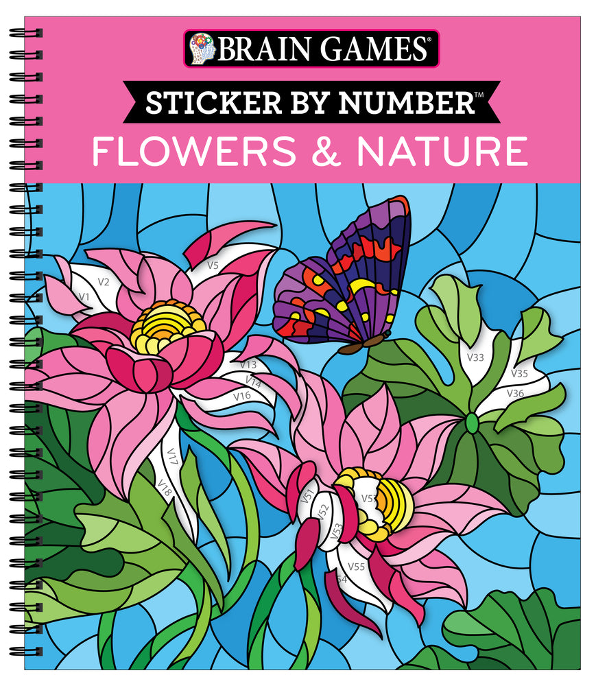 Book cover for Brain Games - Sticker by Number: Flowers & Nature (28 Images to Sticker)