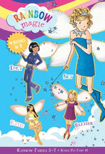 Book cover for Rainbow Magic Rainbow Fairies: Books #5-7 with Special Pet Fairies Book #1: Sky the Blue Fairy, Inky the Indigo Fairy, Heather the Violet Fairy, Katie