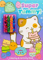 Book cover for Super Yummy! Coloring & Activity Book with 4 Confetti Crayons and 50+ Stickers