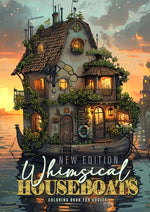Book cover for Whimsical Houseboats Coloring Book for Adults New Edition: Whimsical Houses Coloring Book Grayscale Fairy Houses Coloring Book Houseboat