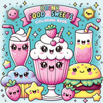 Book cover for Food Drink and Sweets Coloring Book: Cute and Groovy Kawaii Treats - Featuring Bold and Easy Snacks, Desserts, and Fruits for Kids with Simple Designs