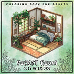 Book cover for Pocket Room Cozy Interiors Coloring Book For Adults: Large Print Stress Relief Colouring Pages Presenting Tiny, Adorable And Peaceful Spaces With Flow
