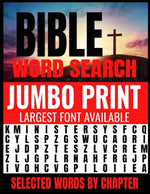 Book cover for Bible Word Search Jumbo Print: Largest Font Available - Extra Easy on the Eyes - Themed by Selected Chapters - Challenging and Relaxing Puzzles Provi