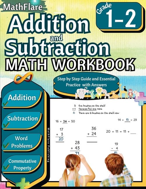 Book cover for Addition and Subtraction Math Workbook 1st and 2nd Grade: Word Problems Grade 1-2, Exercises 1 to 50, Activities, Commutative Property