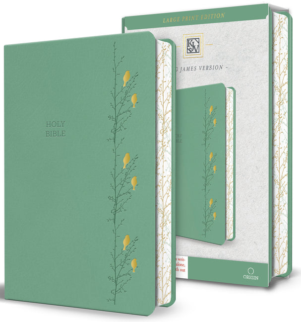 Book cover for KJV Holy Bible, Large Print Medium Format, Green with Birds Faux Leather W/ Ribbon Marker, Red Letter