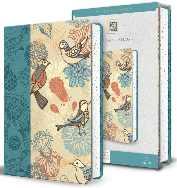 Book cover for KJV Holy Bible, Large Print Medium Format, Blue with Birds Faux Leather W/ Ribbon Marker, Red Letter
