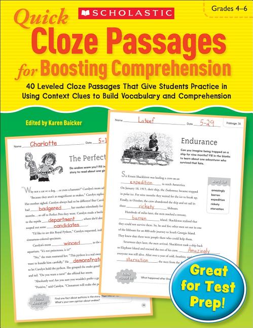 Book cover for Quick Cloze Passages for Boosting Comprehension: Grades 4-6: 40 Leveled Cloze Passages That Give Students Practice in Using Context Clues to Build Voc