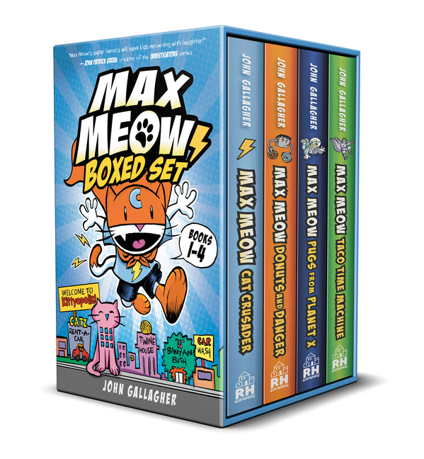 Book cover for Max Meow Boxed Set: Welcome to Kittyopolis (Books 1-4): (A Graphic Novel Boxed Set)