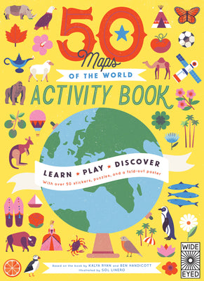 Book cover for 50 Maps of the World Activity Book: Learn - Play - Discover with Over 50 Stickers, Puzzles, and a Fold-Out Poster