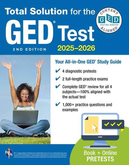 Book cover for GED Total Solution, for the 2025-2026 GED Test: Certified GED Aligned Prep