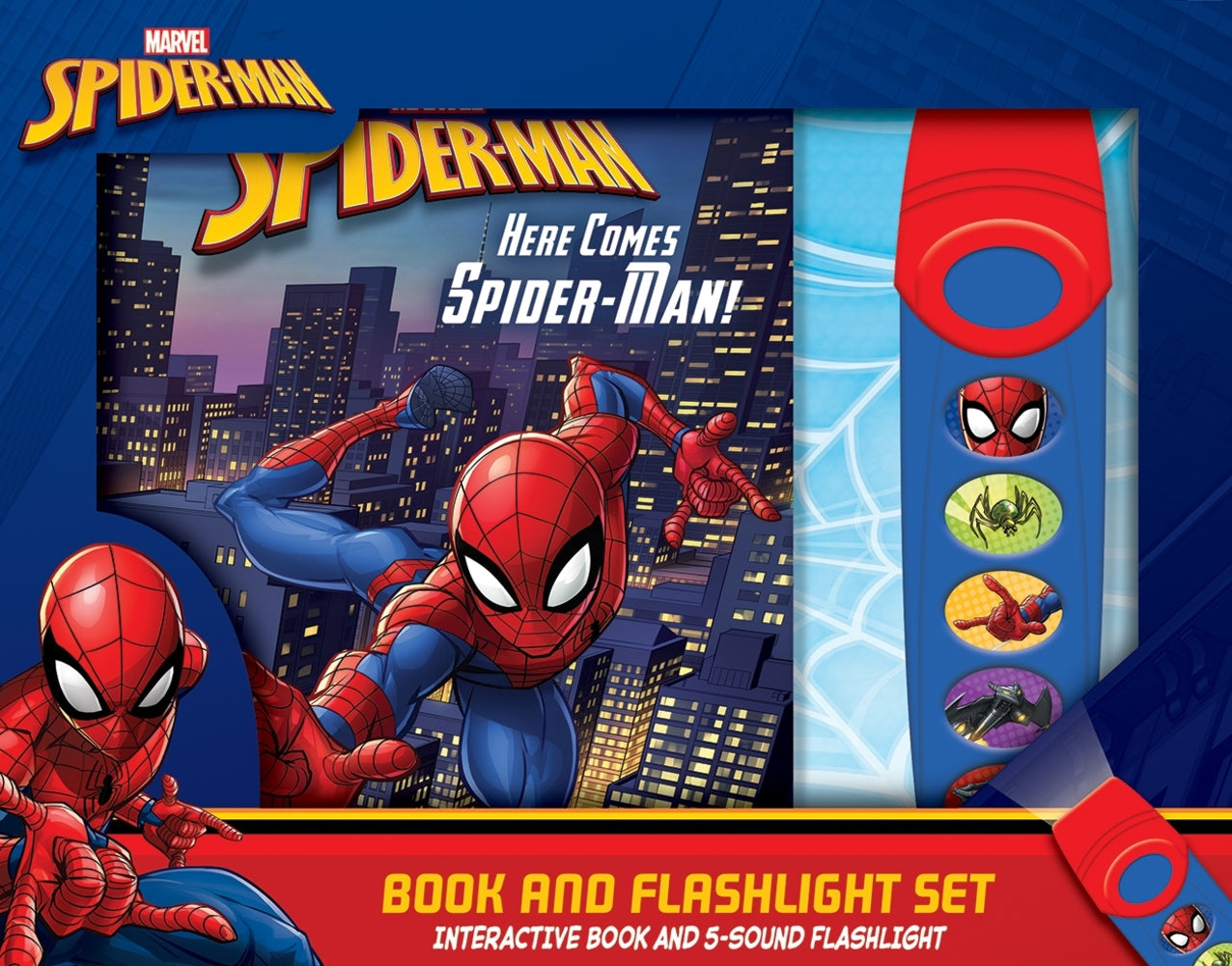 Book cover for Marvel Spider-Man: Here Comes Spider-Man! Book and 5-Sound Flashlight Set [With Flashlight and Battery]