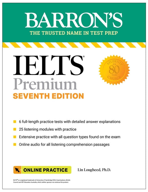Book cover for Ielts Premium: 6 Practice Tests + Comprehensive Review + Online Audio, Seventh Edition