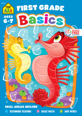Book cover for School Zone First Grade Basics 64-Page Workbook