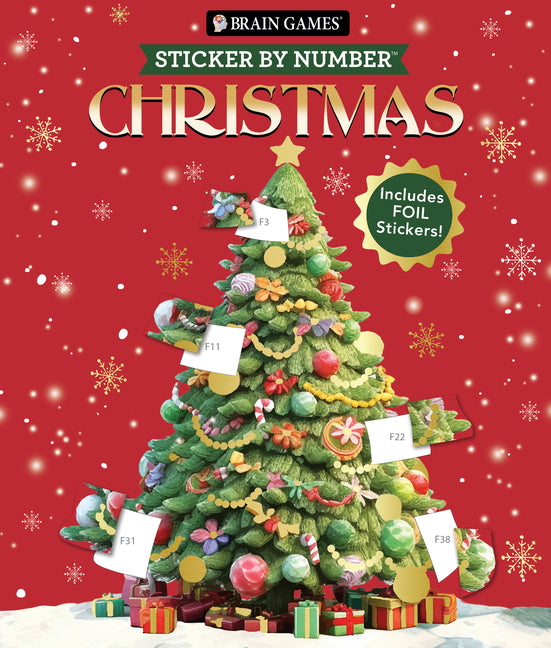 Book cover for Brain Games - Sticker by Number: Christmas (24 Images to Sticker - Watercolor Tree Cover): Includes 2 Foil Sticker Sheets to Complete Each Image!