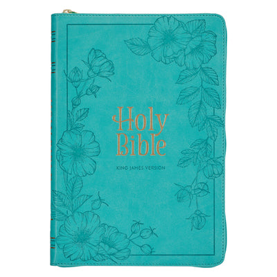 Book cover for KJV Holy Bible, Thinline Large Print Faux Leather Red Letter Edition - Thumb Index & Ribbon Marker, King James Version, Teal, Zipper Closure