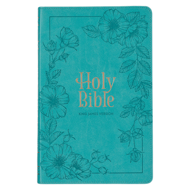 Book cover for KJV Holy Bible, Standard Size Faux Leather Red Letter Edition - Thumb Index & Ribbon Marker, King James Version, Teal Floral Zipper Closure