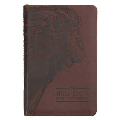 Book cover for KJV Holy Bible, Standard Size Faux Leather Red Letter Edition - Thumb Index & Ribbon Marker, King James Version, Brown Lion Zipper Closure