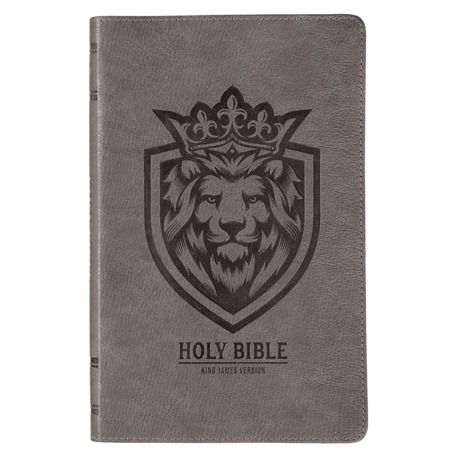 Book cover for KJV Holy Bible, Gift Edition for Boys King James Version, Faux Leather Flexible Cover, Charcoal Gray Lion Emblem