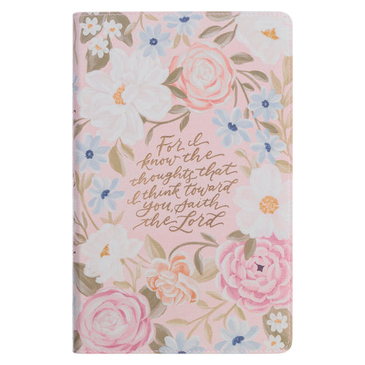 Book cover for KJV Bible Giant Print Faux Leather for I Know the Plans, Pink Floral Printed Jer. 29:11