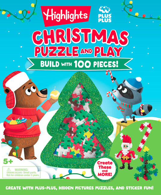 Book cover for Christmas Puzzle and Play: Build with 100 Pieces!: Holiday Set with Hidden Objects and Plus-Plus Building Blocks for Kids Ages 5 and Up