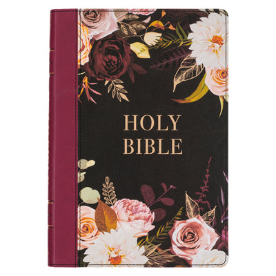 Book cover for KJV Holy Bible, Thinline Large Print Faux Leather Red Letter Edition - Thumb Index & Ribbon Marker, King James Version, Black/Burgundy Printed Floral