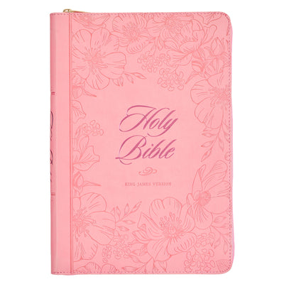 Book cover for KJV Holy Bible, Thinline Large Print Faux Leather Red Letter Edition - Thumb Index & Ribbon Marker, King James Version, Pink, Zipper Closure