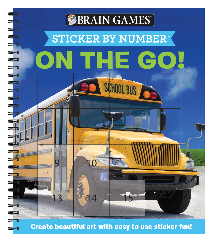 Book cover for Brain Games - Sticker by Number: On the Go (Easy - Square Stickers): Create Beautiful Art with Easy to Use Sticker Fun!