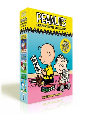 Book cover for Peanuts Graphic Novel Collection (Boxed Set): Snoopy Soars to Space; Adventures with Linus and Friends!; Batter Up, Charlie Brown!