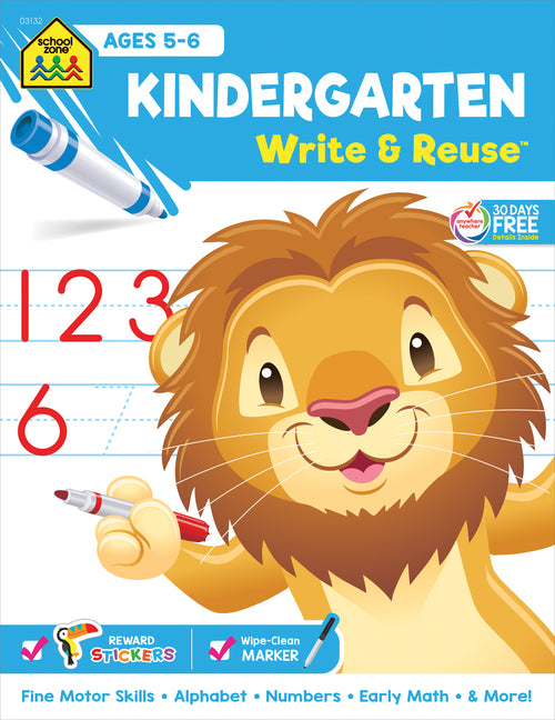 Book cover for School Zone Kindergarten Write & Reuse Workbook