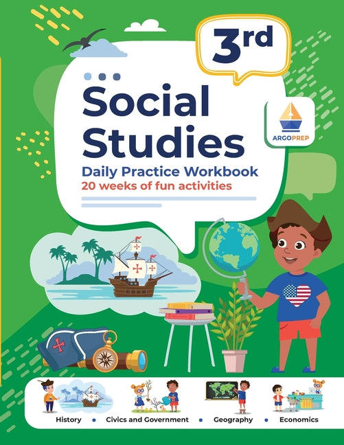 Book cover for 3rd Grade Social Studies: Daily Practice Workbook 20 Weeks of Fun Activities History Civic and Government Geography Economics + Video Explanations Eac