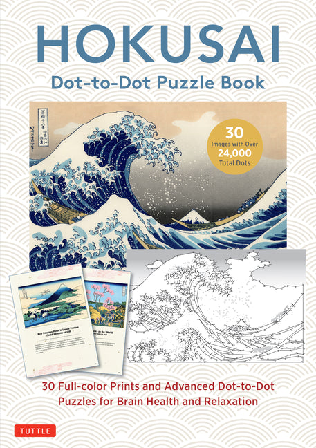 Book cover for Hokusai Dot-To-Dot Puzzle Book: 30 Full-Color Prints and 30 Advanced Dot-To-Dot Puzzles for Brain Health and Relaxation