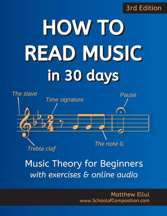 Book cover for How to Read Music in 30 Days: Music Theory for Beginners - with exercises & online audio