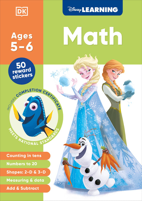 Book cover for Disney Learning Math (Ages 5-6): Kindergarten Counting, Measuring, Add & Subtract Workbook for Kids, Curriculum-Based